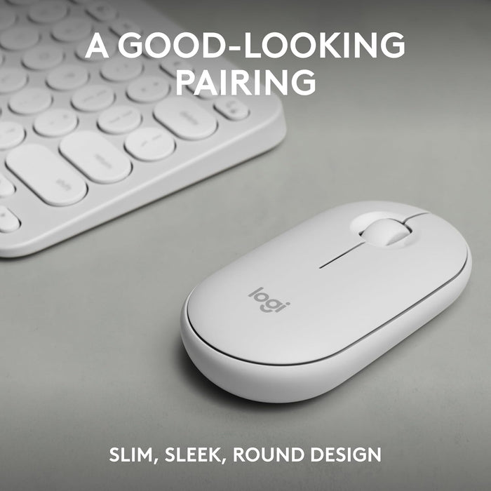 White computer mouse with Logitech logo next to a keyboard on a gray surface, text 'A Good-Looking Pairing' and 'Slim, Sleek, Round Design' displayed.