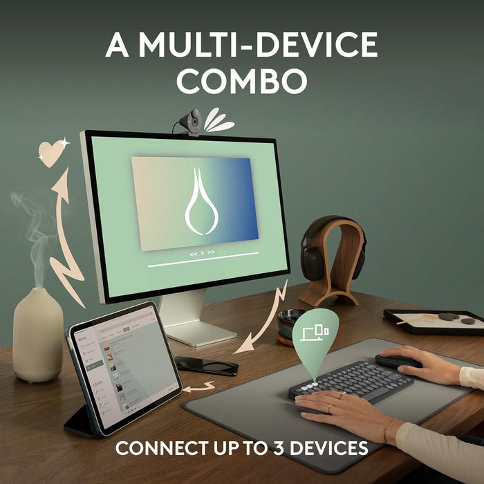 Multidevice setup with computer, tablet, and smartphone on a desk.