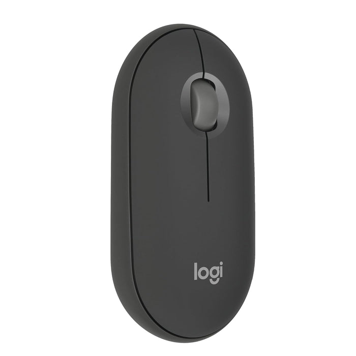 Black Logitech wireless mouse on a white background
