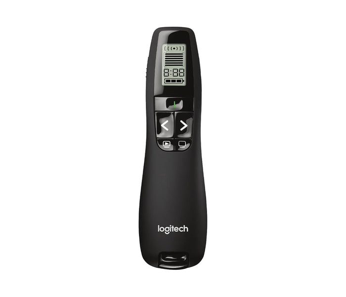 Logitech presentation remote control in matte black with a small LCD display and directional buttons, shown on a plain white background.
