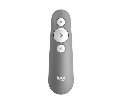 A Logi brand gray presentation remote control with three white buttons, shown vertically against a plain white background.