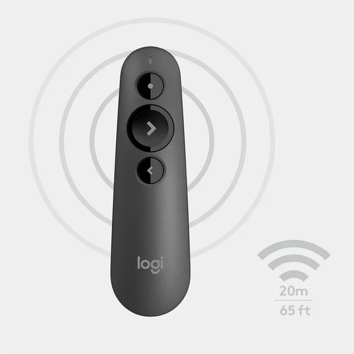 Logi handheld remote control in dark gray with three buttons, shown on a light gray background with faint concentric circles and a wireless range icon labeled 20m / 65 ft.