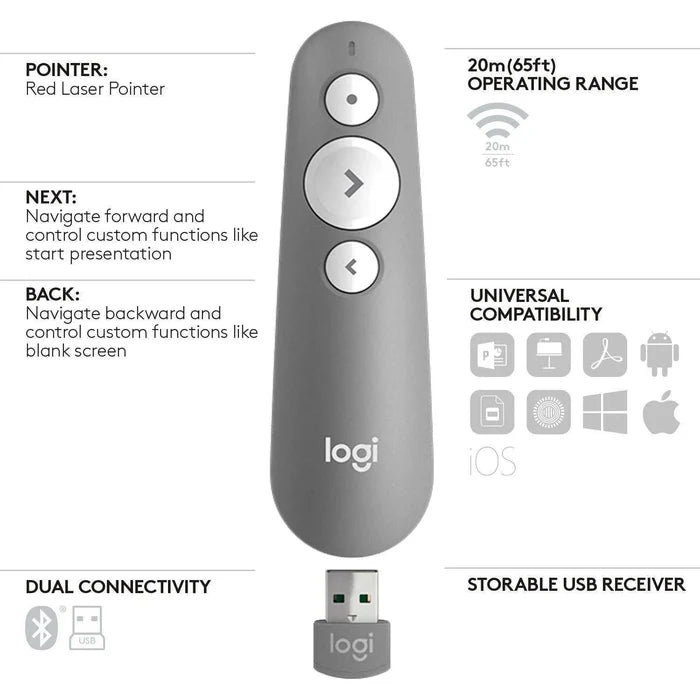 Logitech laser pointer with features listed on a white background
