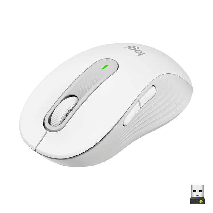 White computer mouse with USB receiver on a white background