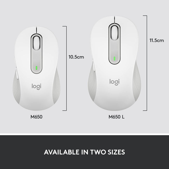 Two Logitech M650 and M650 L mice with measurements on a gray background