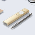 Gold electronic device with buttons and a pen on a light gray background