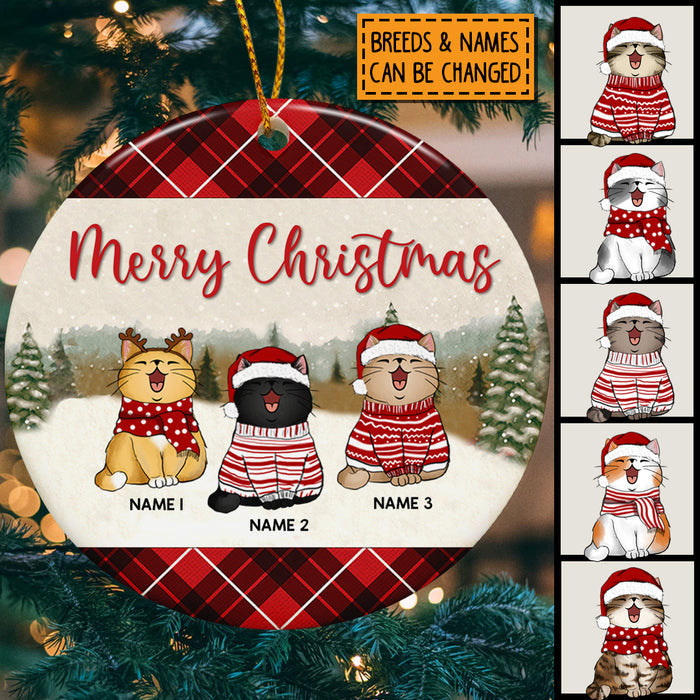 Merry Christmas, Plaid Bauble, Personalized Cat Breeds Circle Ceramic Ornament, Xmas Gifts For Cat Lovers