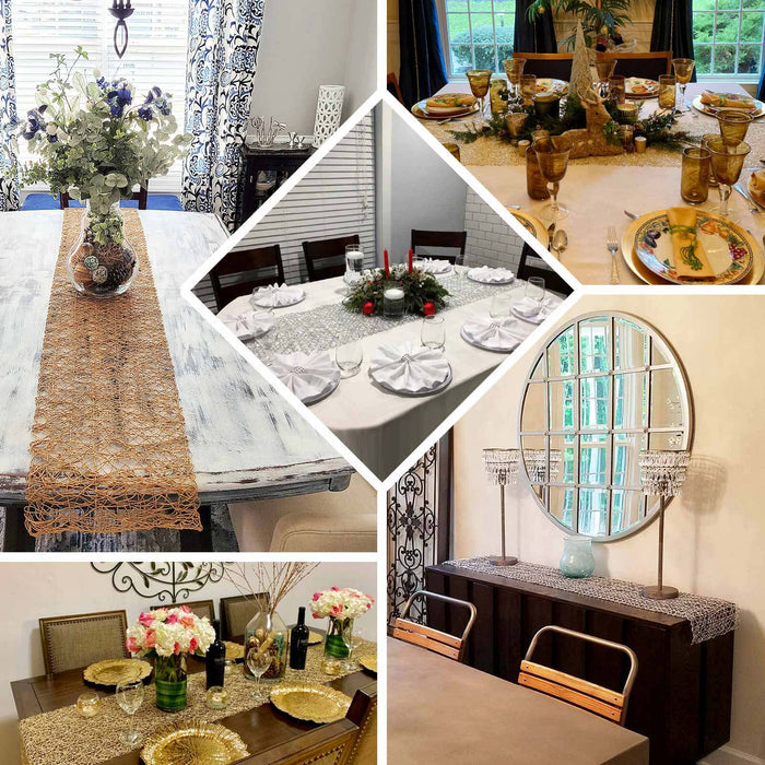 Elegant dining table setups with decorative table runners and centerpieces.