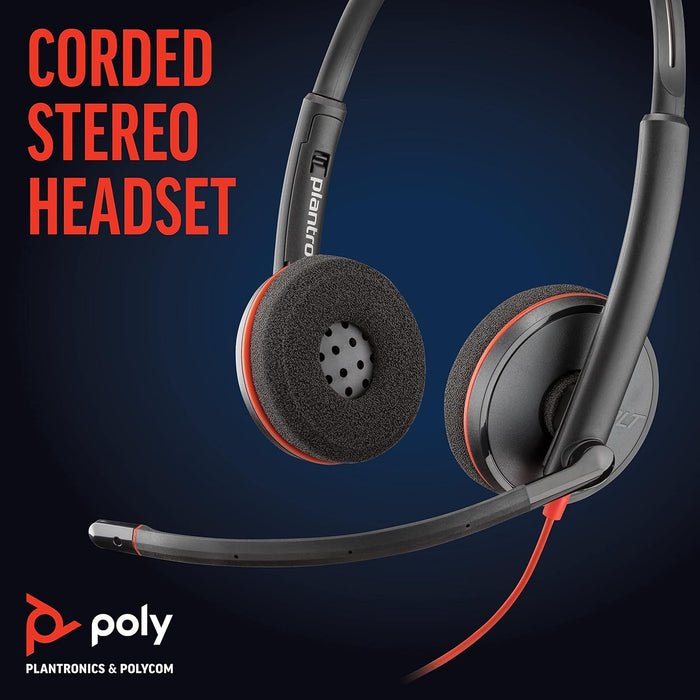 Poly Blackwire 3220 USB-C On Ear Wired Headset With Noise Canceling Boom Mic - Black