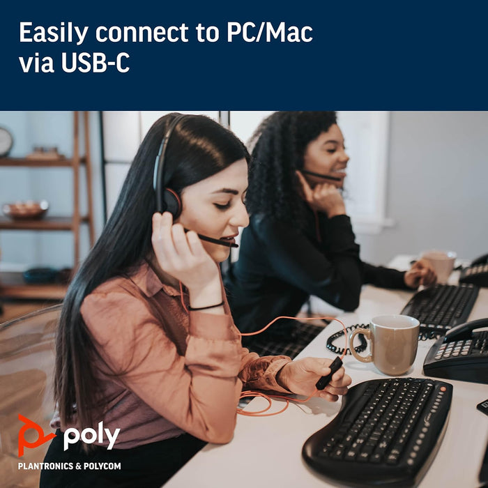 Poly Blackwire 3220 USB-C On Ear Wired Headset With Noise Canceling Boom Mic - Black