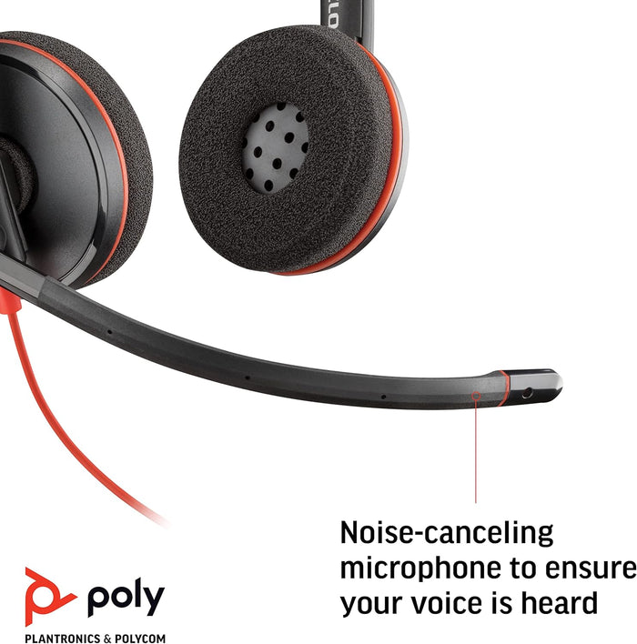 Poly Blackwire 3220 USB-C On Ear Wired Headset With Noise Canceling Boom Mic - Black