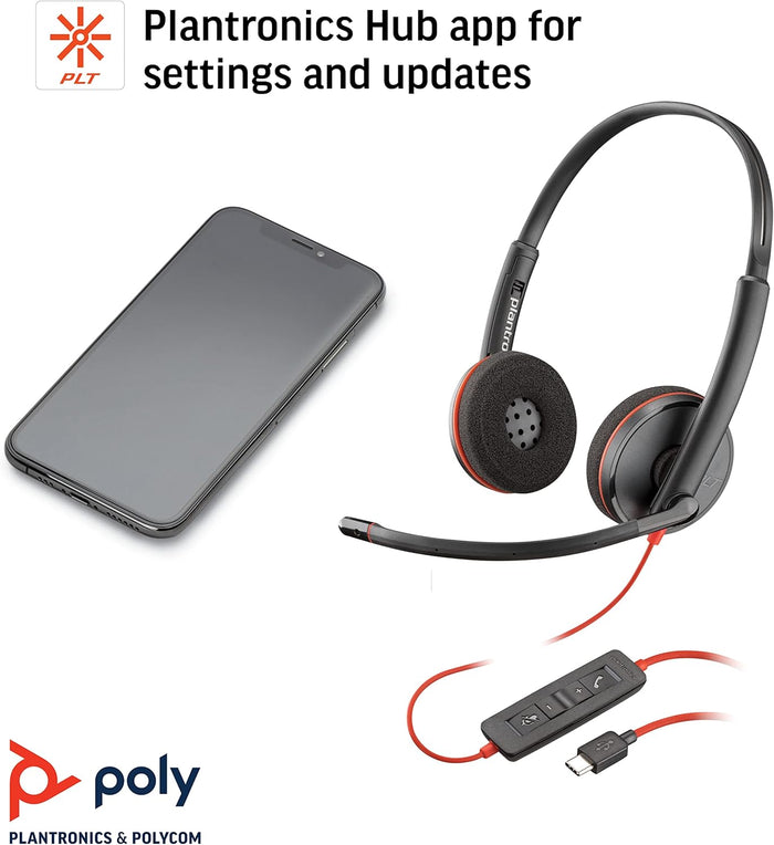 Poly Blackwire 3220 USB-C On Ear Wired Headset With Noise Canceling Boom Mic - Black