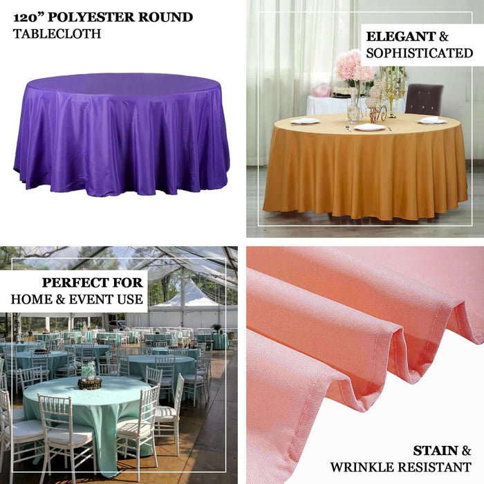 120" polyester round tablecloth in purple, gold, and coral for events and home use.