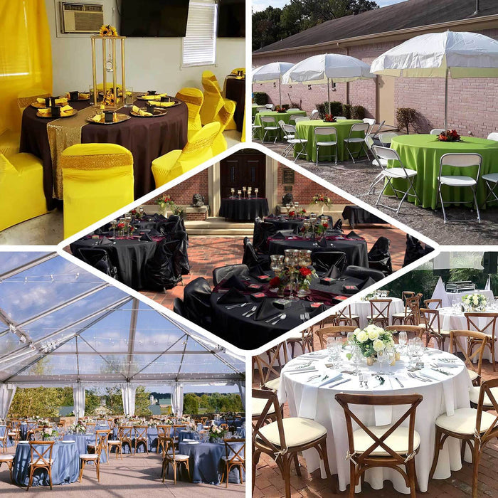 Various elegantly set tables for events in different styles and colors.