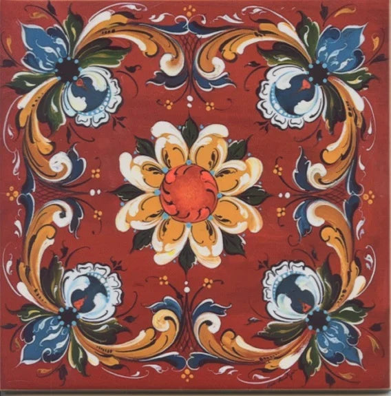 Red Rosemaling Ceramic 6" Tile