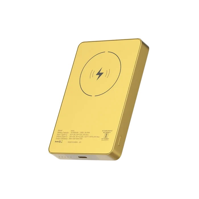 Gold wireless charging device on a white background