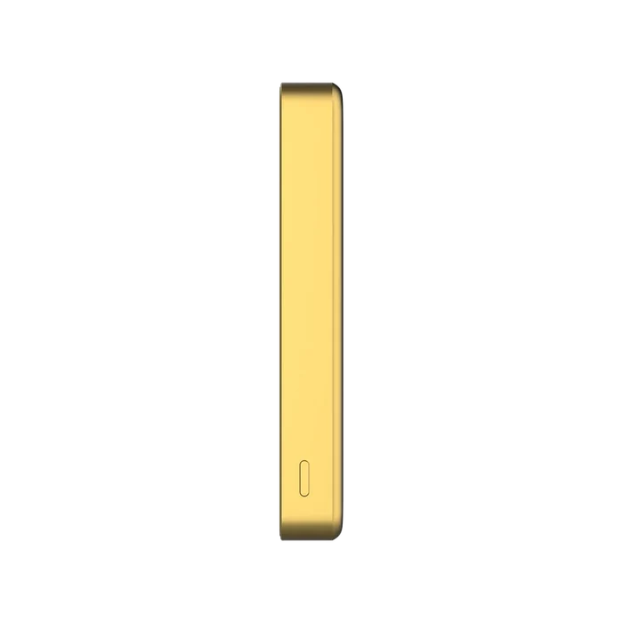 A slim, rectangular power bank or electronic accessory in a metallic gold finish, shown from the side on a plain white background.