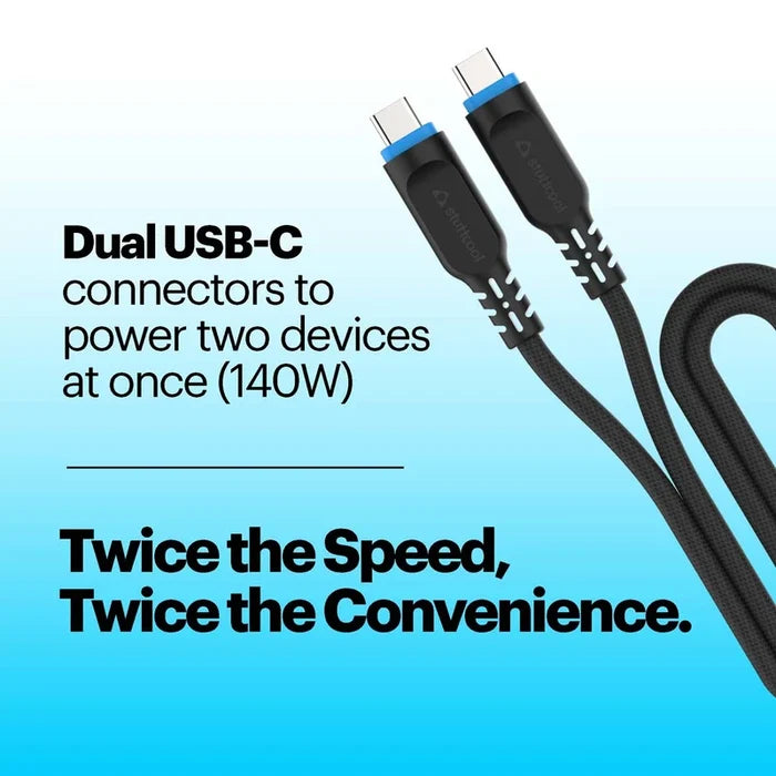 Dual USB-C cable with text on a blue background