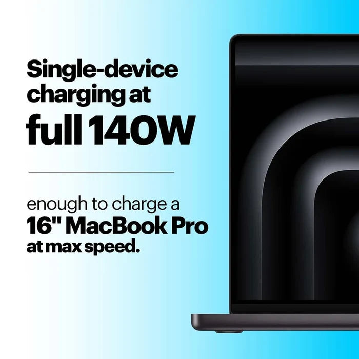 Laptop charger with text about single-device charging at full 140W on a blue gradient background