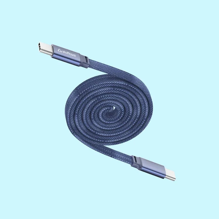 A coiled navy blue braided USB-C to USB-C cable with metallic blue connector housings, shown on a solid light blue background. The brand name 'wiztouch' is printed on the connector sleeve.