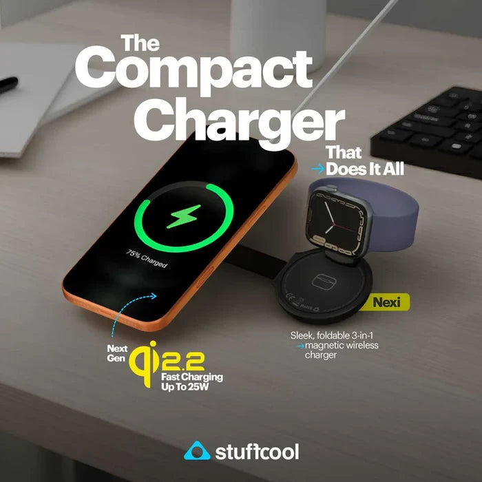 Wireless charger with smartphone, watch, and band on a desk with 'stuffcool' branding.