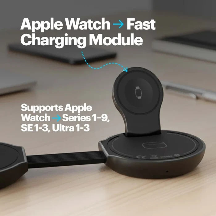 Fast charging module for Apple Watch on a wooden surface with text indicating compatibility.