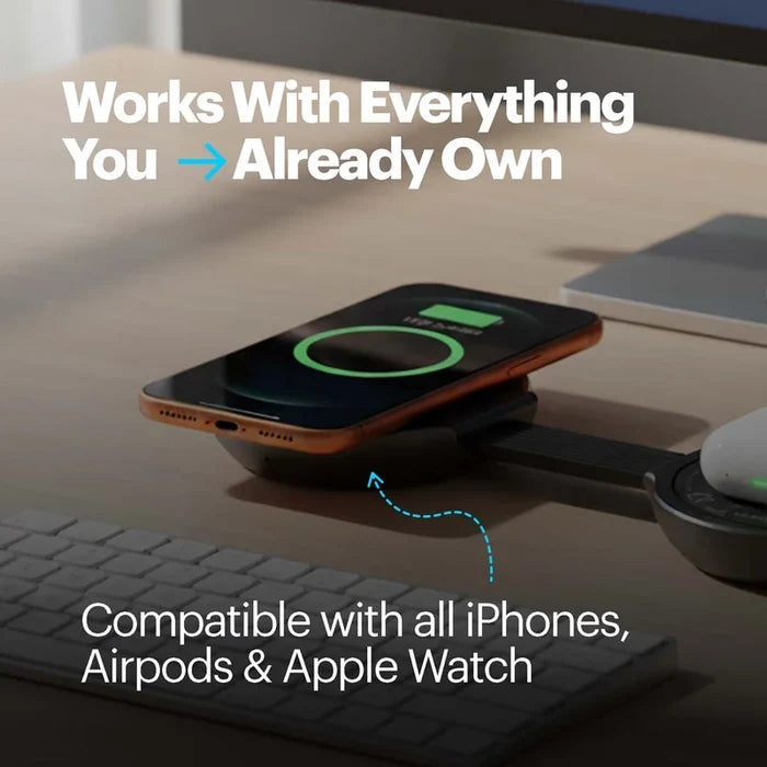 Smartphone on a wireless charging pad with text about compatibility with Apple devices.