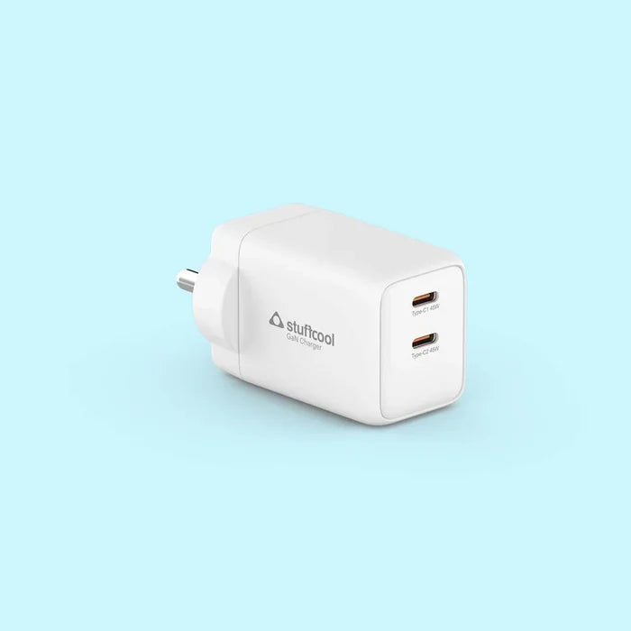 A white plug-in charger with two USB-C ports, featuring the 'stufitool' brand logo, shown on a light blue background.