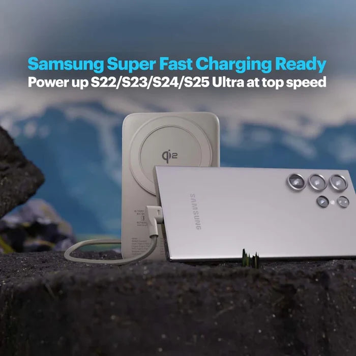 Samsung phone being charged with text about Super Fast Charging on a mountain background