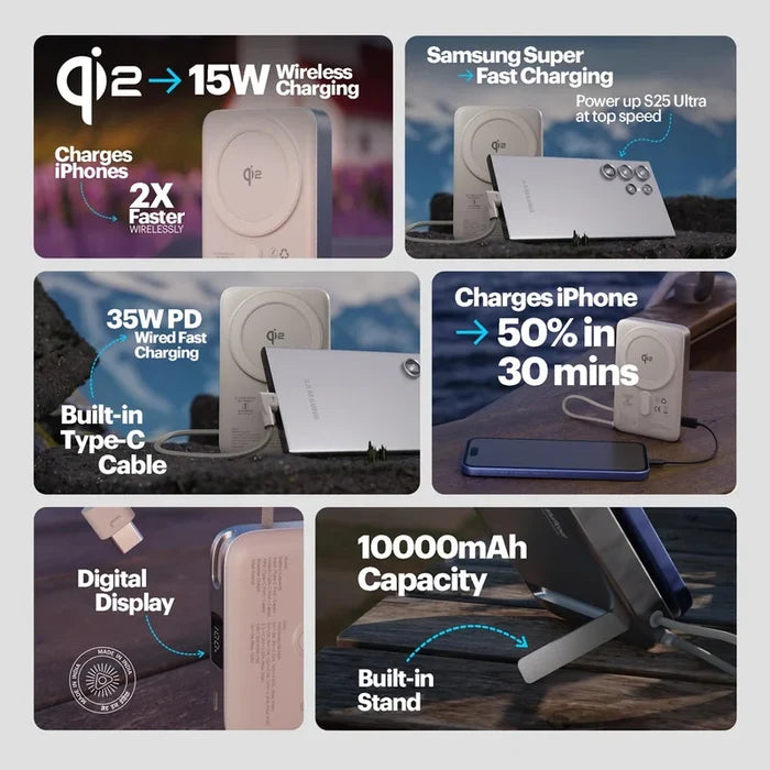 Collage of fast charging devices with text highlighting features like 15W wireless charging, 35W PD wired charging, and 10000mAh capacity.
