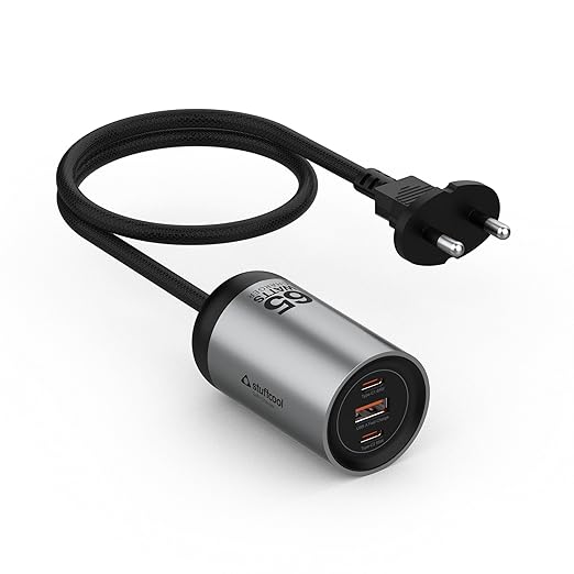 Silver USB charger with two ports and a plug on a white background