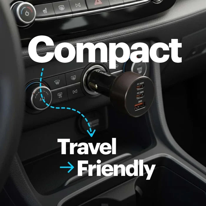 A black car cigarette lighter adapter plugged into a vehicle's power outlet, shown inside a car cabin. Large white text reads 'Compact' and 'Travel Friendly' with a blue arrow, highlighting the product's size and suitability for travel.