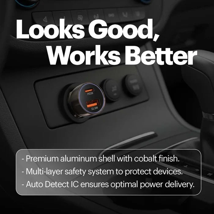 A car cigarette lighter outlet upgrade shown installed in a dashboard, with large text reading 'Looks Good, Works Better' and feature callouts about a premium aluminum shell, multi-layer safety, and auto detect IC.
