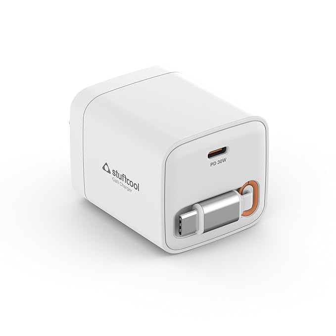 White USB-C power adapter with 'stuffcool' branding on a white background