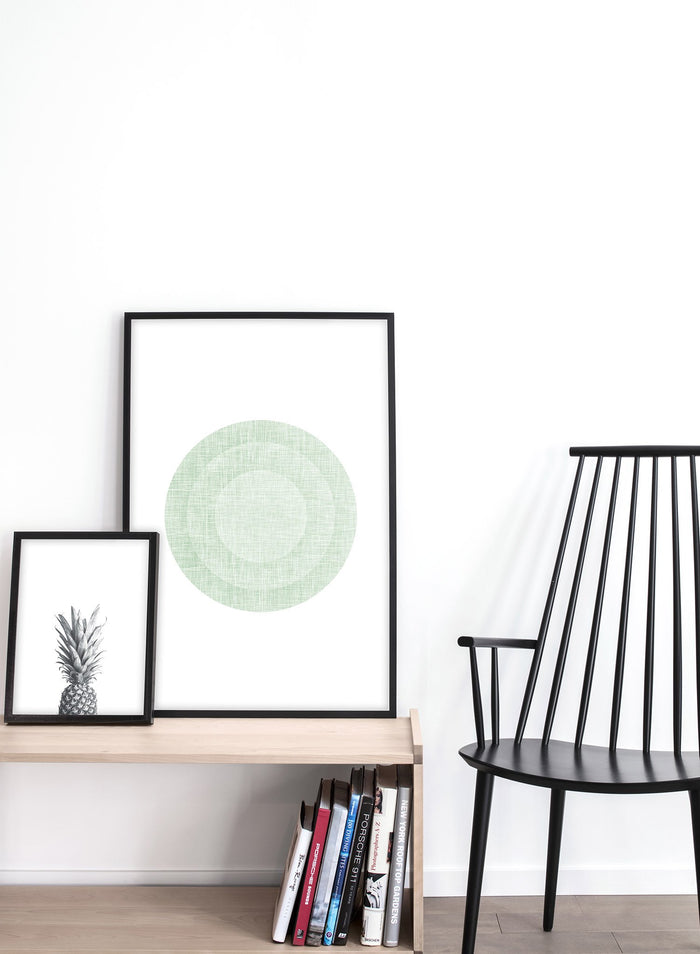 Minimalist design poster by Opposite Wall with abstract green circles in target shape - Lifestyle Duo - Living Room