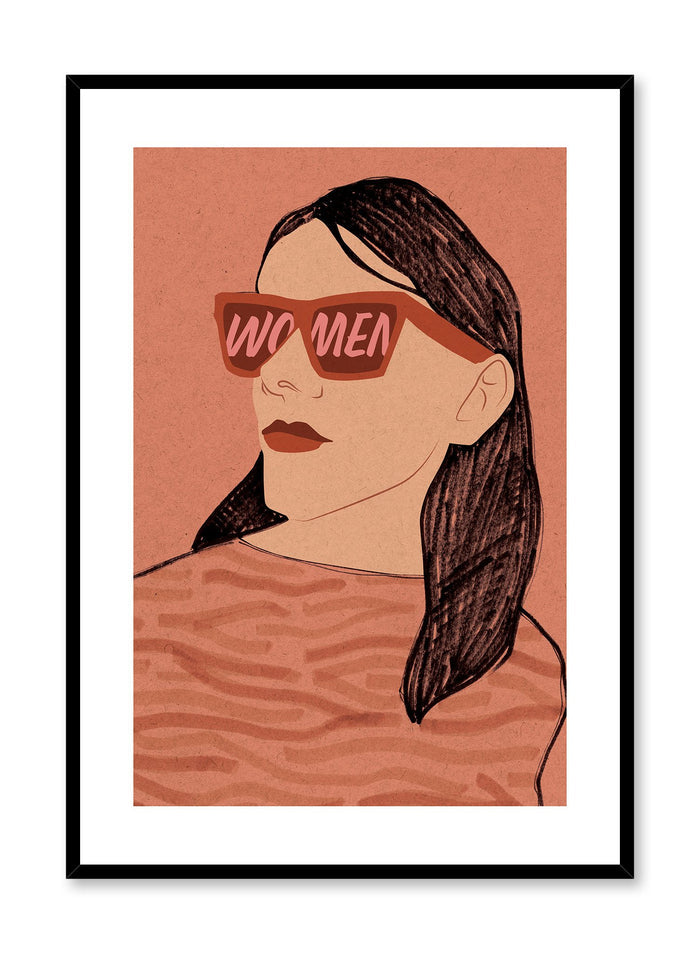 Women on my Mind is a minimalist illustration by Opposite Wall of a woman wearing an orange pair of sunglasses with the word "Women" written in a big font.
