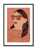 Women on my Mind is a minimalist illustration by Opposite Wall of a woman wearing an orange pair of sunglasses with the word "Women" written in a big font.
