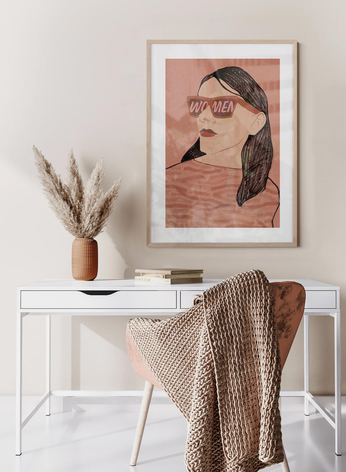 Women on my Mind is a minimalist illustration by Opposite Wall of a woman wearing an orange pair of sunglasses with the word "Women" written in a big font.